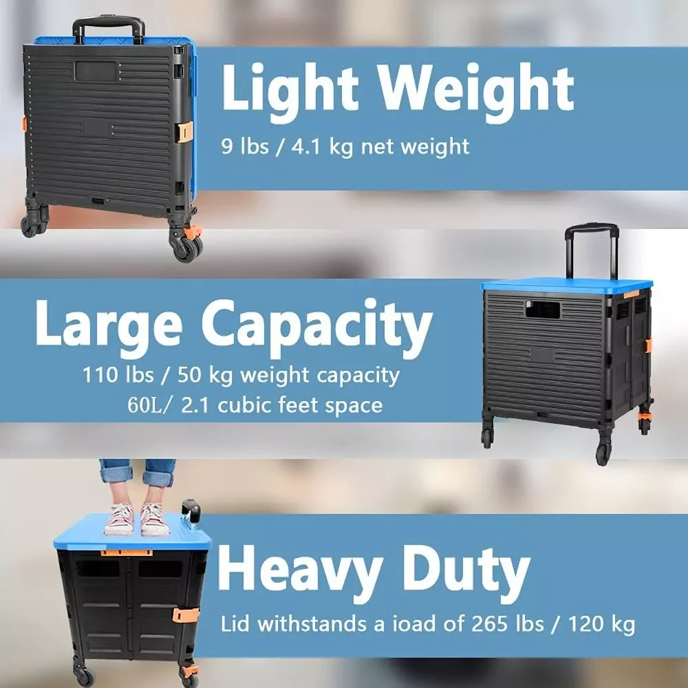 SELORSS Foldable Utility Cart Folding Portable Rolling Crate Handcart Heavy Duty Telescoping Handle Collapsible 4 Rotate Wheels