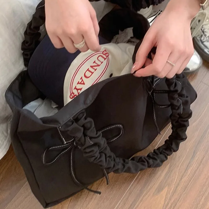 New High-Capacity Pink Pleated Hand-Held Underarm Bag Fashionable Women's Travel And Shopping Versatile Bow Single Shoulder Bag