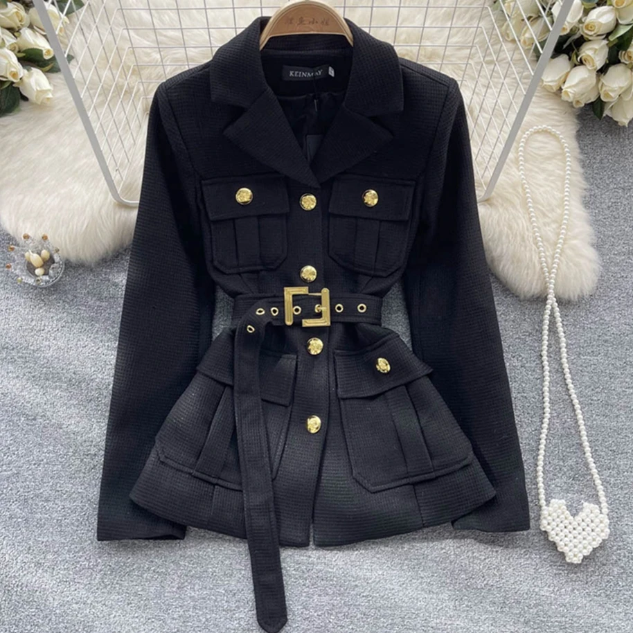 New Autumn Winter Outerwear Fashion Vintage Golden Buttons Pocket Coat Women\'s Notched Collar Belted Blazers Jackets Tops