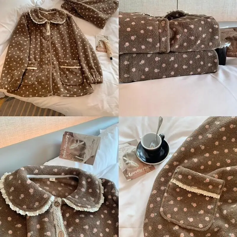 

Women's Pajama Set Comfortable Sleepwear Women thickened Coral Fleece Winter Homewear Outdoor Retro Sweet Floral Korean style