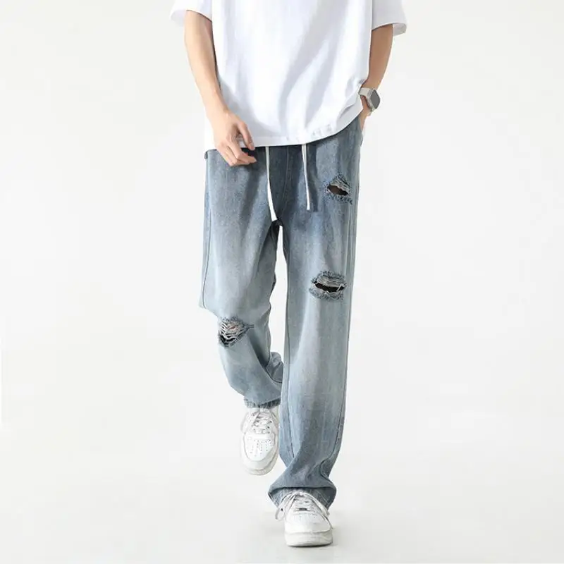 

Summer New Mens Ripped Knee Hole Jeans Pants Blue Long Straight Boy Students Hip Hop Streetwear Clothes Casual Denim Trousers