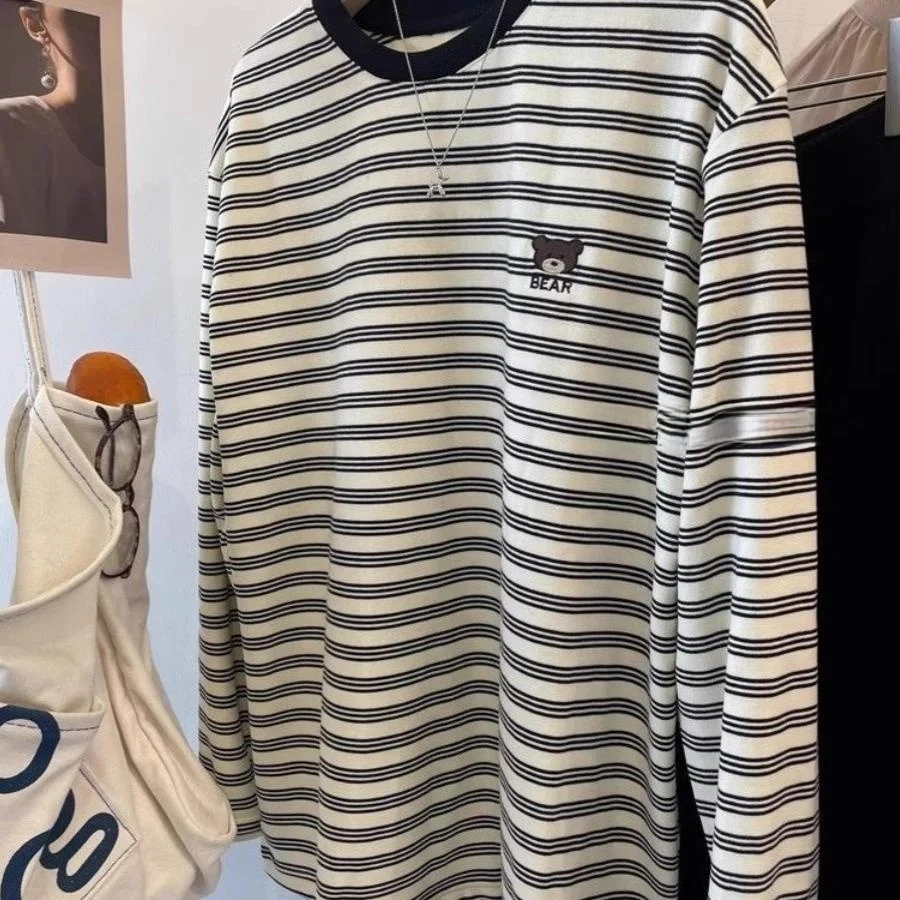 

Футболка Thiened с вышивкой в полоску медведя для мужчин и женщин, осень-зима, большой размер, корейский длинный топ с воротником-стойкой