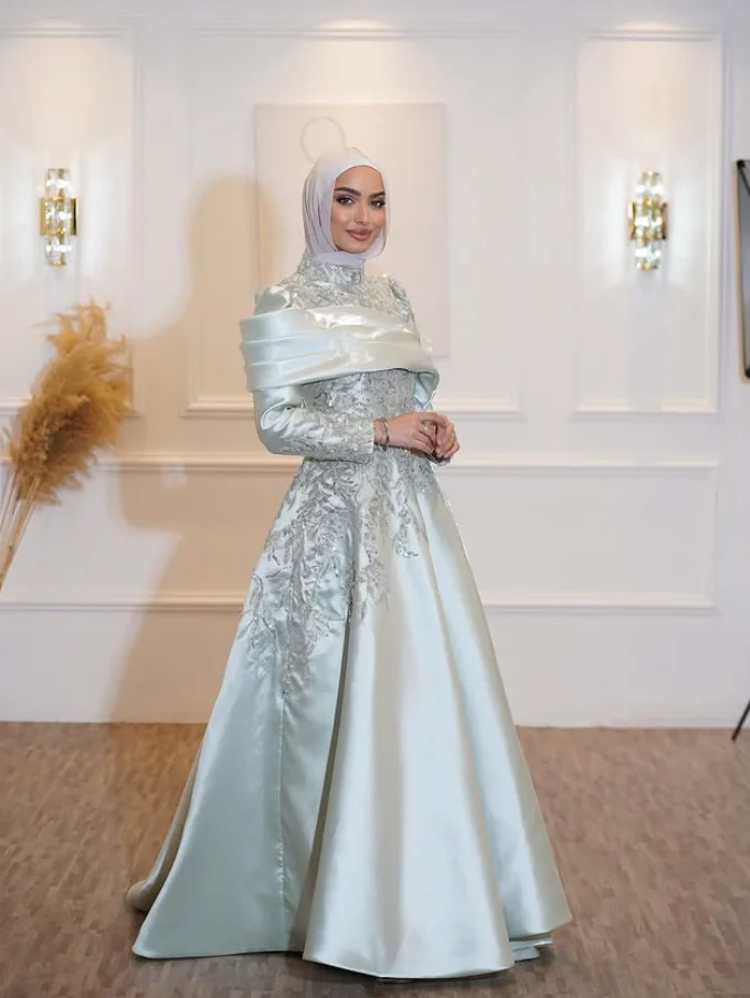 Серебряный мусульманский кафтан Вечерние вечерние платья с рюшами и кружевной аппликацией с длинным рукавом Ближний Восток Хиджаб Платье для выпускного вечера по индивидуальному заказу