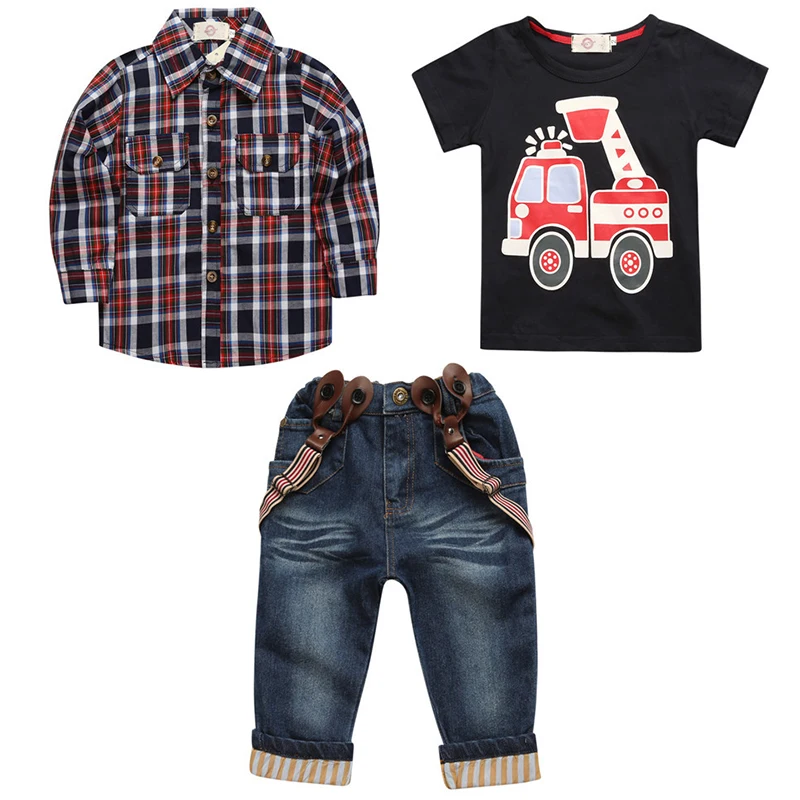 2Piece Spring Autumn Toddler Boy Outfits Baby Clothes Casual Cartoon Plaid Cotton Shirt+T-shirt+Jeans Kids Clothing Set BC1350