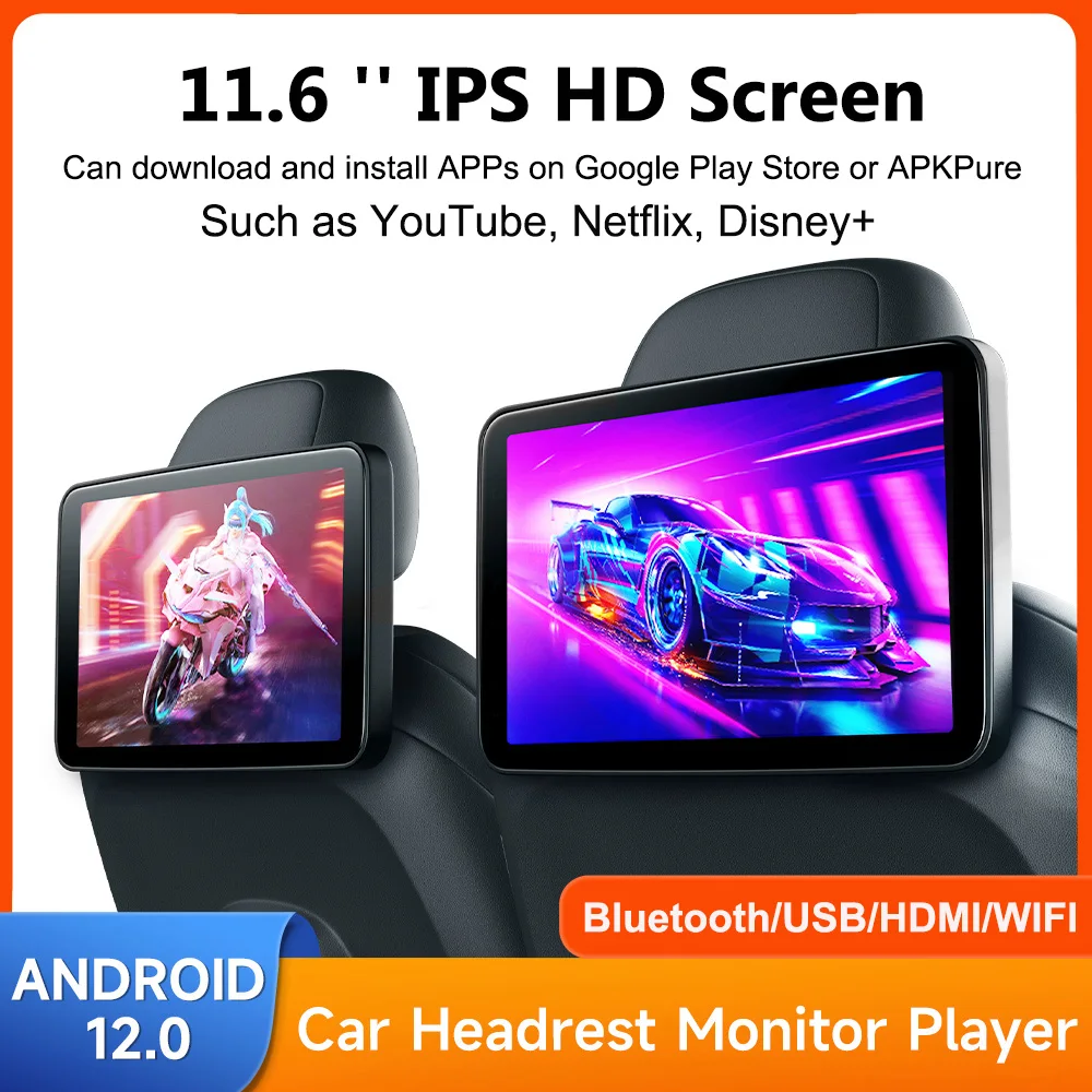 11.6\'\'/10.1\'\'Headrest Monitor Display IPS Android 12 Touch Screen For Car Rear Seat Player Video Music FM Bluetooth AirPlay HDMI