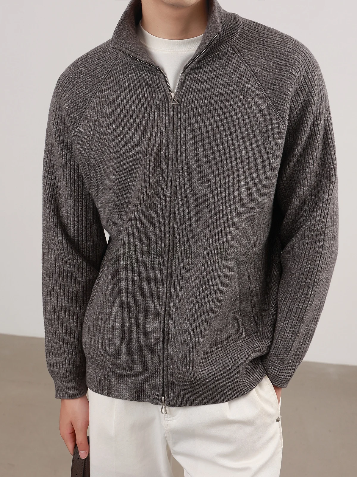 Minimalist Style Men's Knitted Cardigan Double Zipper High Weight Stand Collar Thick Outerwear for Autumn And Winter