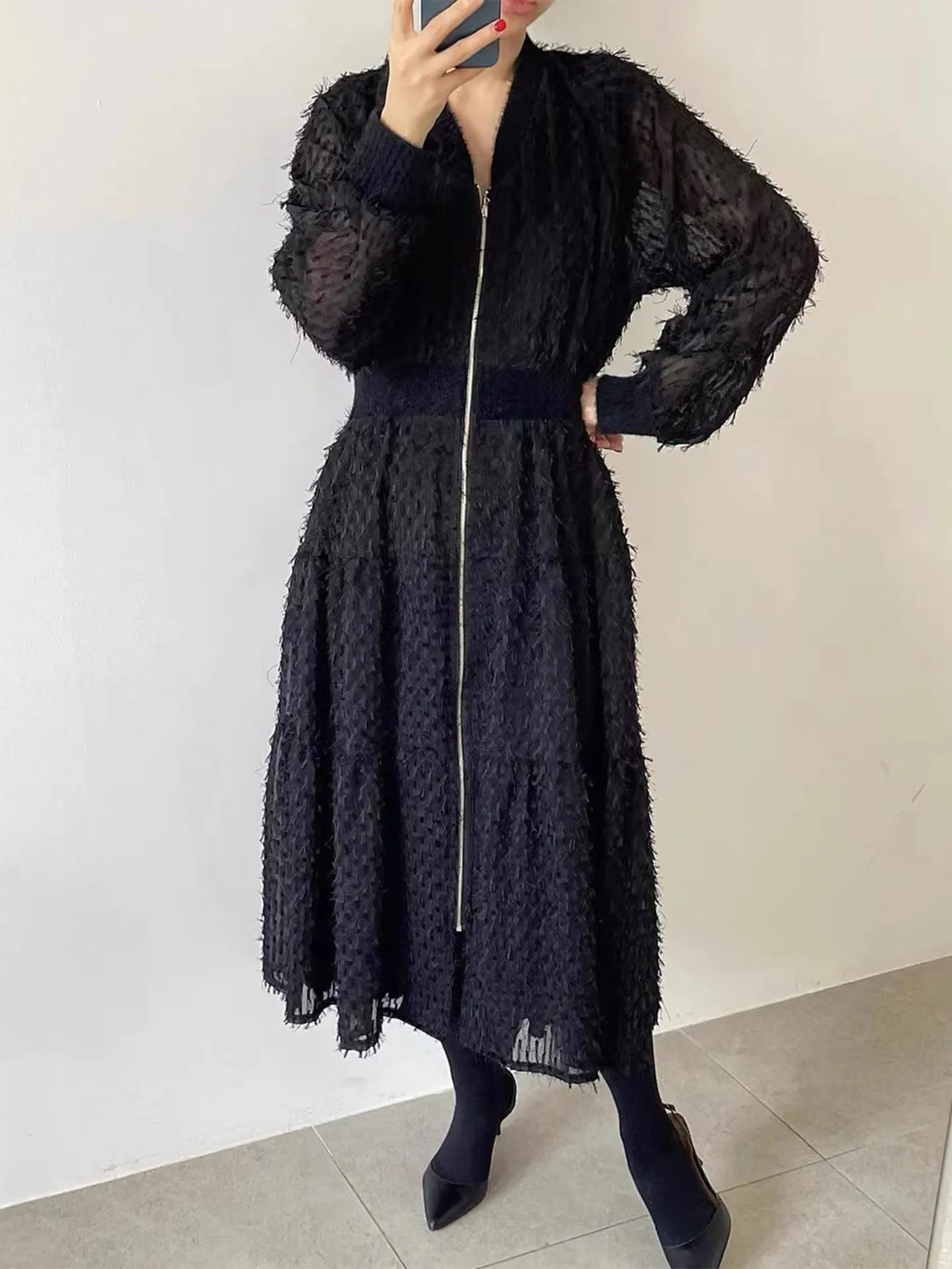 Ele V-Ne Zipper Waist Cinching Long Dr Women's Early Spring New Korean Sle Retro Versatile 3D Fringe Dr