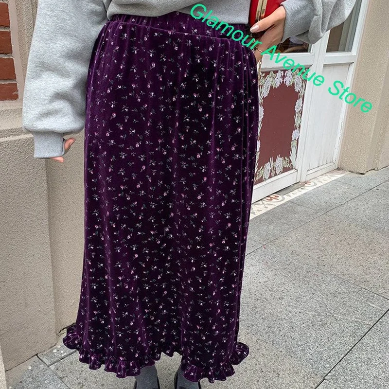 French Retro Design Purple Floral Skirt Female Spring and Autumn New Fashion Temperament Velvet Floral Joker Casual Skirt.