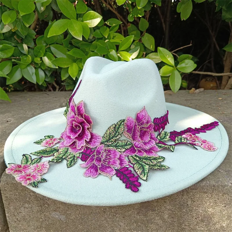 Sombreros de fedora blancos para hombres y mujeres, sombreros de Jazz, sombreros de Fedora de flores bordadas en 3D, venta al por mayor