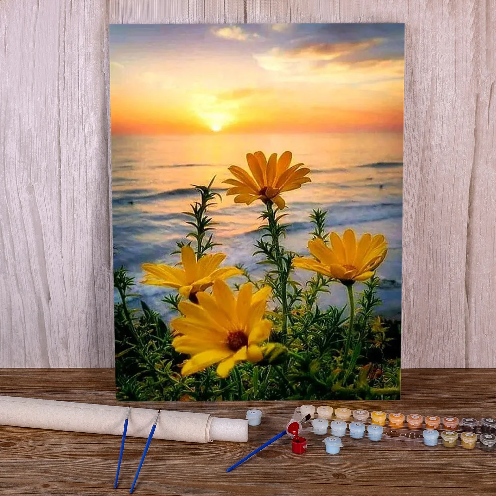 Lake Sunrise Flower Boat Painting By Numbers Complete Kit Oil Paints 50*70 Picture By Numbers Photo  Paintings      Handiwork