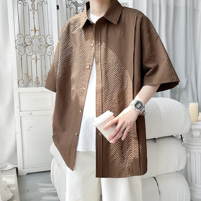 Summer Short Sleeved Shirt Men Fashion Brown Pleated Shirt Men Korean Loose Casual Shirt Mens Hawaiian Shirts Large Size 4XL