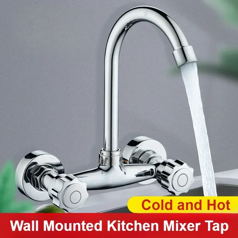 Kitchen Faucet Wall Mounted Sink Basin Mixer Tap Bathroom Faucets Hot Cold Double Handle Rotation Faucet Splash Proof Faucet