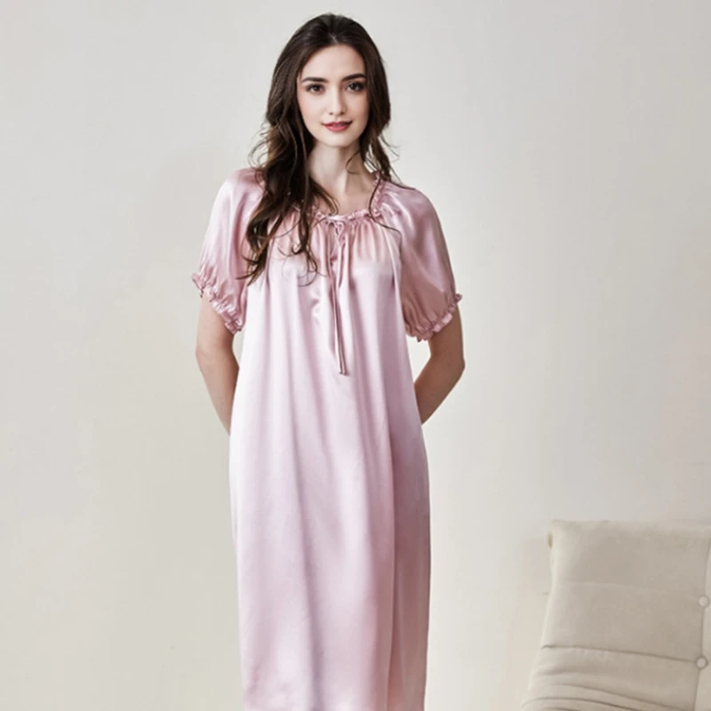 Birdsky, 1PC Women night dress gown nightdress nightgown nightwear ruffles O neck 100% mulberry silk solid color, S-1095