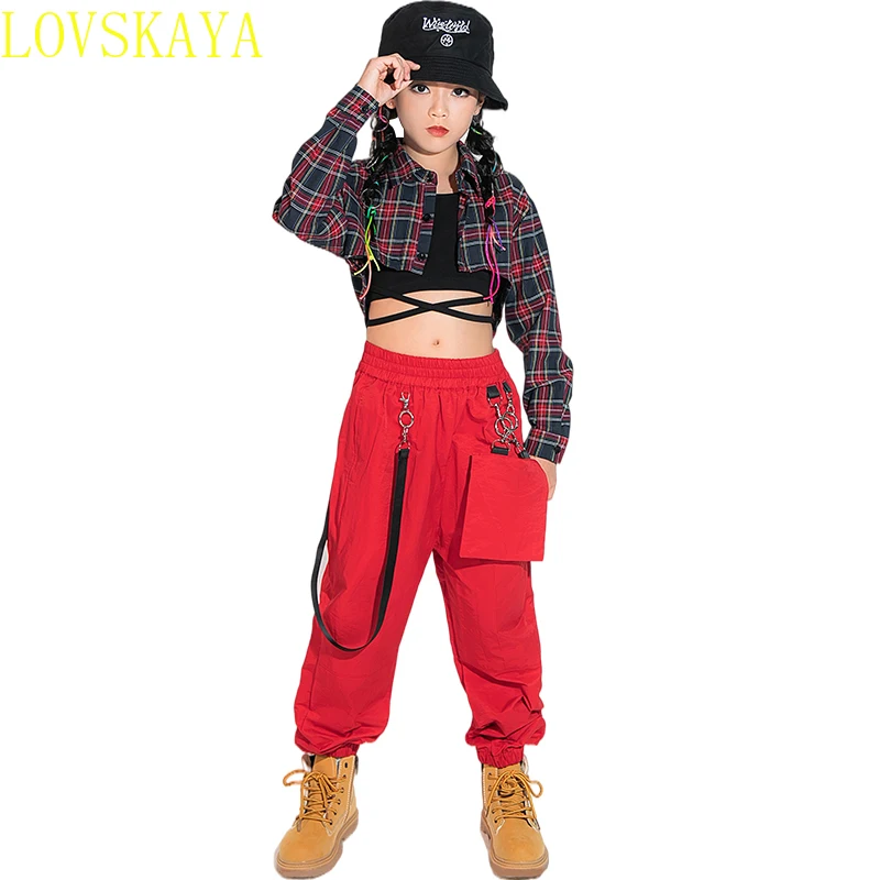 Girls Hip-hop Clothing Plaid Shirt with Exposed Navel Vest, Red Loose Casual Pants,street Dance Costume,jazz Performance Costume