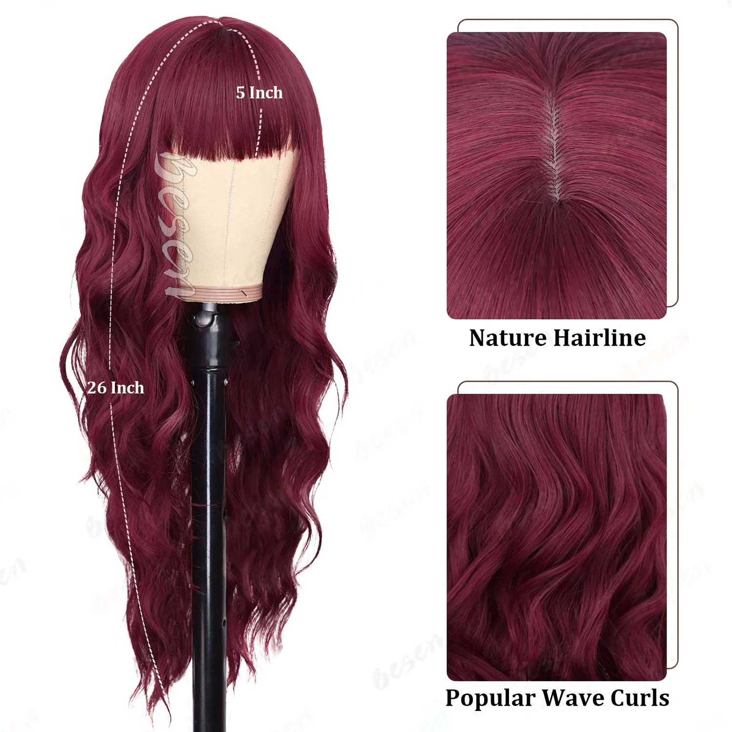 باروكة صناعية بلون النبيذ الأحمر مع شعر طويل مجعد وغرة للاستخدام اليومي في الحفلات. مصنوعة من ألياف تتحمل درجات الحرارة العالية، شعر مستعار متعدد الألوان #3