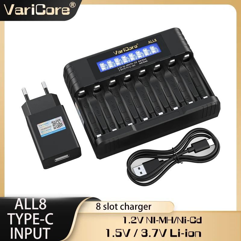 VariCore ALL8 8-Slot Smart Charger Universal for Ni-MH/Ni-Cd AA AAA & Li-ion 14500 AA Size Battery (1.2V/1.5V/3.7V)
