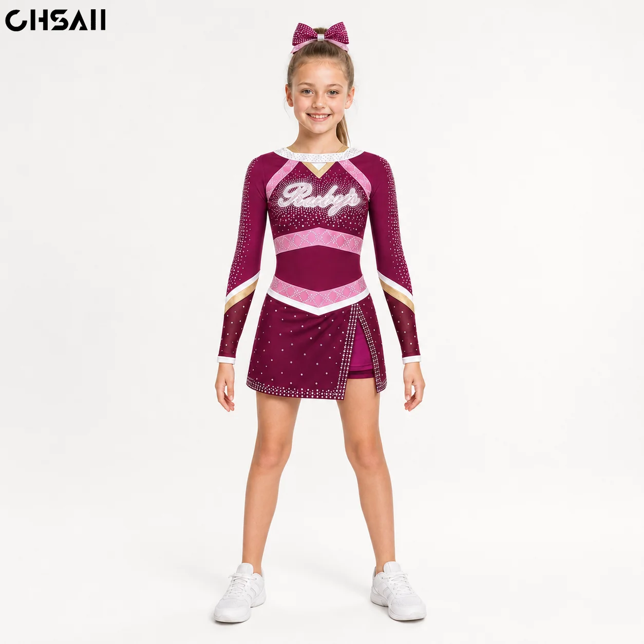 girls-burgundy-rhinestone-cheerleading-uniform-long-sleeve-crop-top-skirt-set-pink-gold-competition-dance-costume-kids-team-perf
