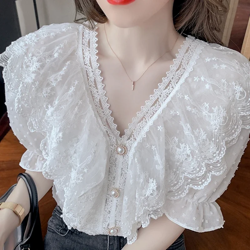 Vintage Summer Lace Tops Women 2024 Elegant Fashion Casual Ruffles White Blusas Mujer Korean Clothing V Neck Chiffon Blouses y2k