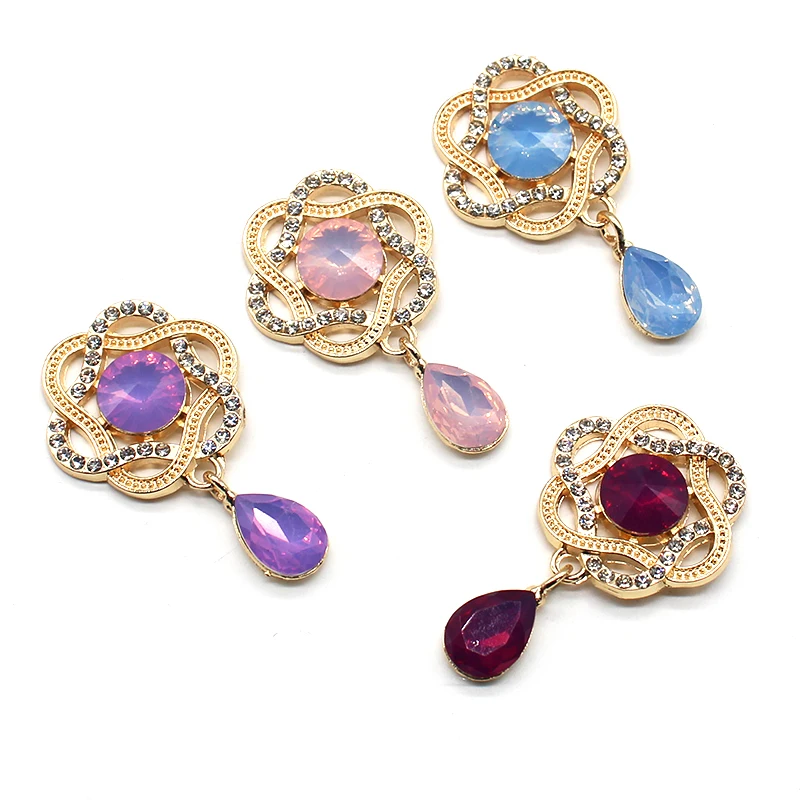 Fashion 29*47mm 10Pcs Flower Shaped Alloy Golden Shiny Rhinestone DIY Ladies Brooch Costume Decoration Decoration Accessories
