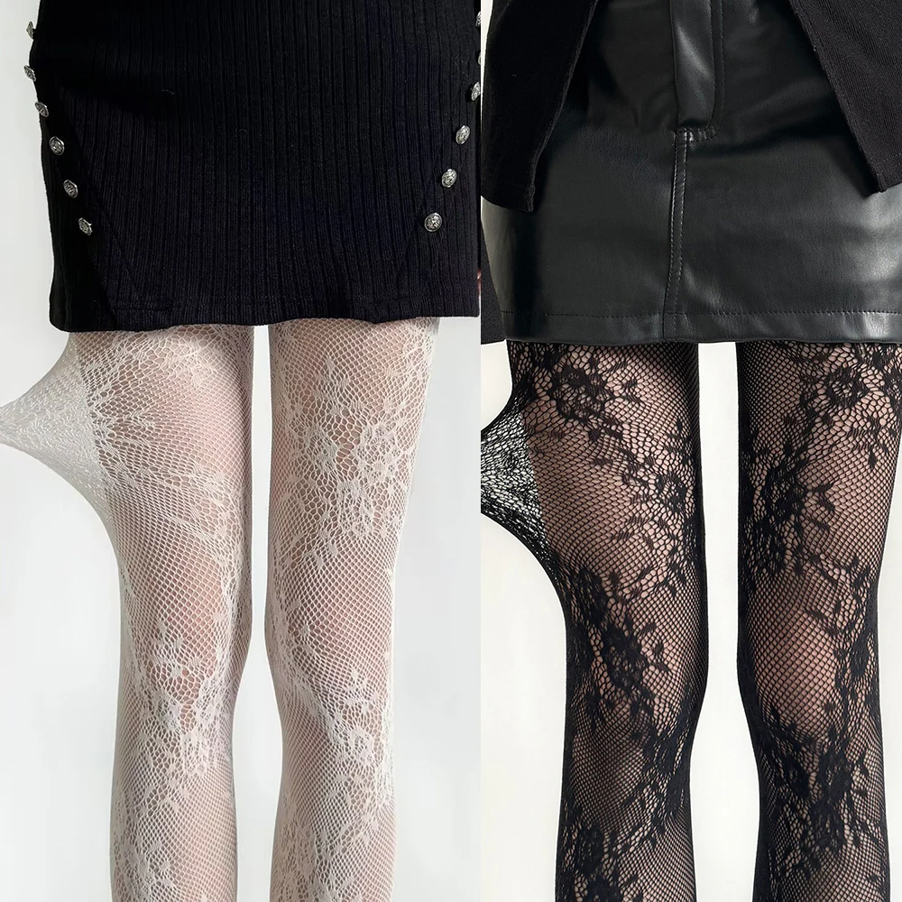 1 Paar weiße und schwarze Spitzen-Netzstrumpfhose mit Blumenmuster, Frühling/Sommer, dünner Stil, Neu 2026