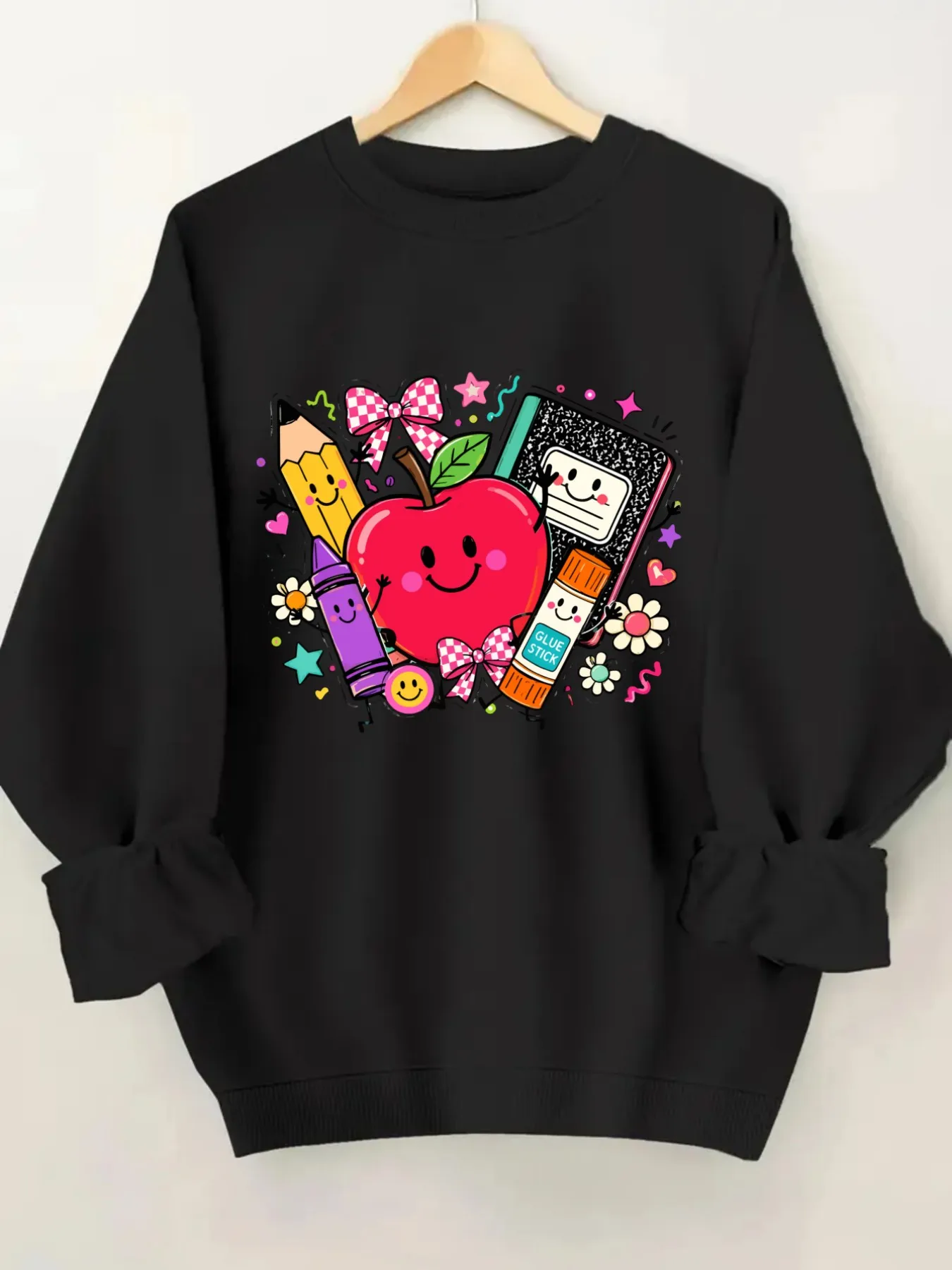 Women's Crew Neck Pullover Sweatshirt Cute School Supplies Design, Soft Casual Long Sleeve, Daily Casual Top Outfit, Winter Women's Clothing, Thanksgiving Outfit
