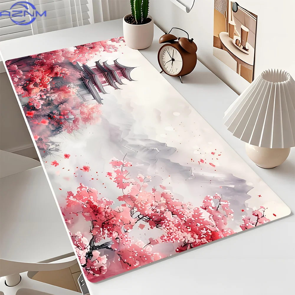 Romantic Cherry Blossoms and Pagoda Design Large Mouse Pad Desk Mat Stitched Edge Non-Slip Durable Gaming Pad Tapis De Souris