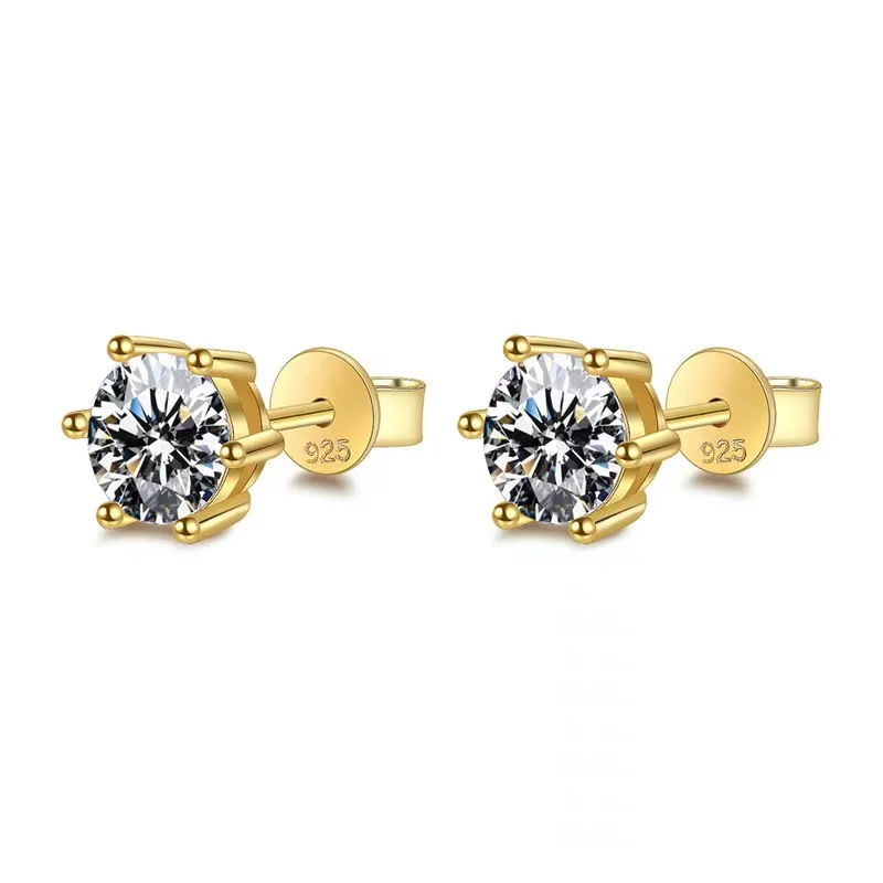 

Classic 18K Gold Plated Silver 1ct D Color VVS1 Round Moissanite Earrings Stud 6 Prong for Women Jewelry Diamond Test Pass Gift