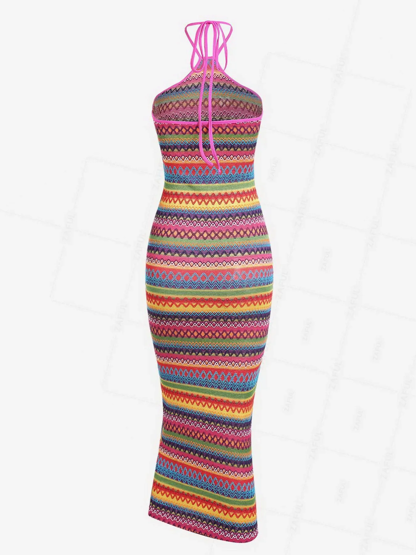 ZAFUL Women's Sexy Halter Tied Open Back Colorful Rainbow Zig Zag Stripes Knit Slinky Midi Dress Long ethnic dress 2024 NEW