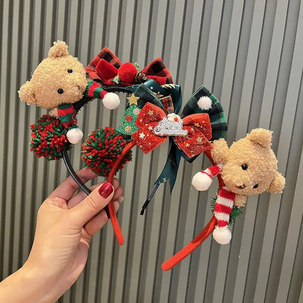 

Christmas Plush Teddy Bear Headband Cute Cartoon Fluffy Plush Bear Children Headwear Party Dress Up Plush Bow Red Hair Band