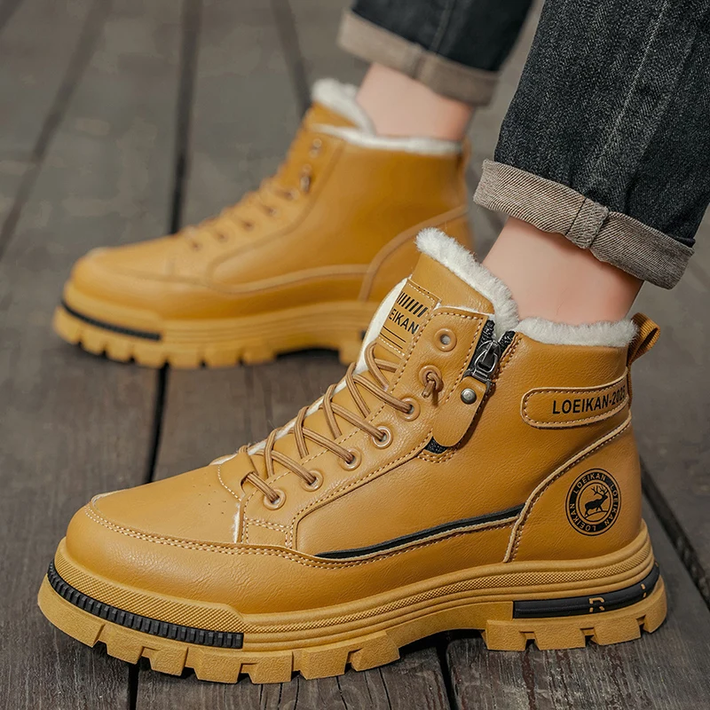 メンズプラスサイズ冬カジュアルファッション滑り止めハイカットワークシューズアウトドアコンフォートシューズ耐摩耗性厚手コットンシューズ