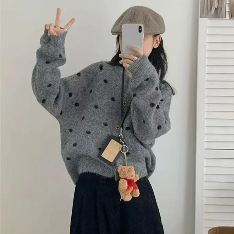 

Korean Polka Dot Knitted Cardigan Women Crew Neck Long Sleeve Warm Sweater Cardigan Woman Single Breasted Outwear Ladies
