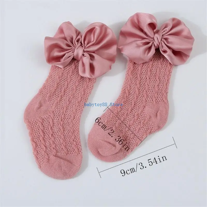 Y4UD 2024 Baby Hollowed Jacquard Knitted Socks Solid Color Big Bowknot Socks or Lovely Girls Headband Fashionable Hairband
