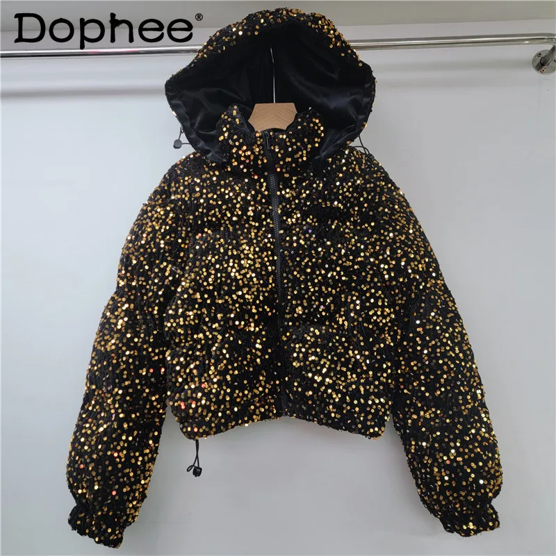 Winter New Gold Sequined Thickened Coats Short Down Cotton Jackets for Women Zipper Bread Jacket Thick Hooded Jacket Female