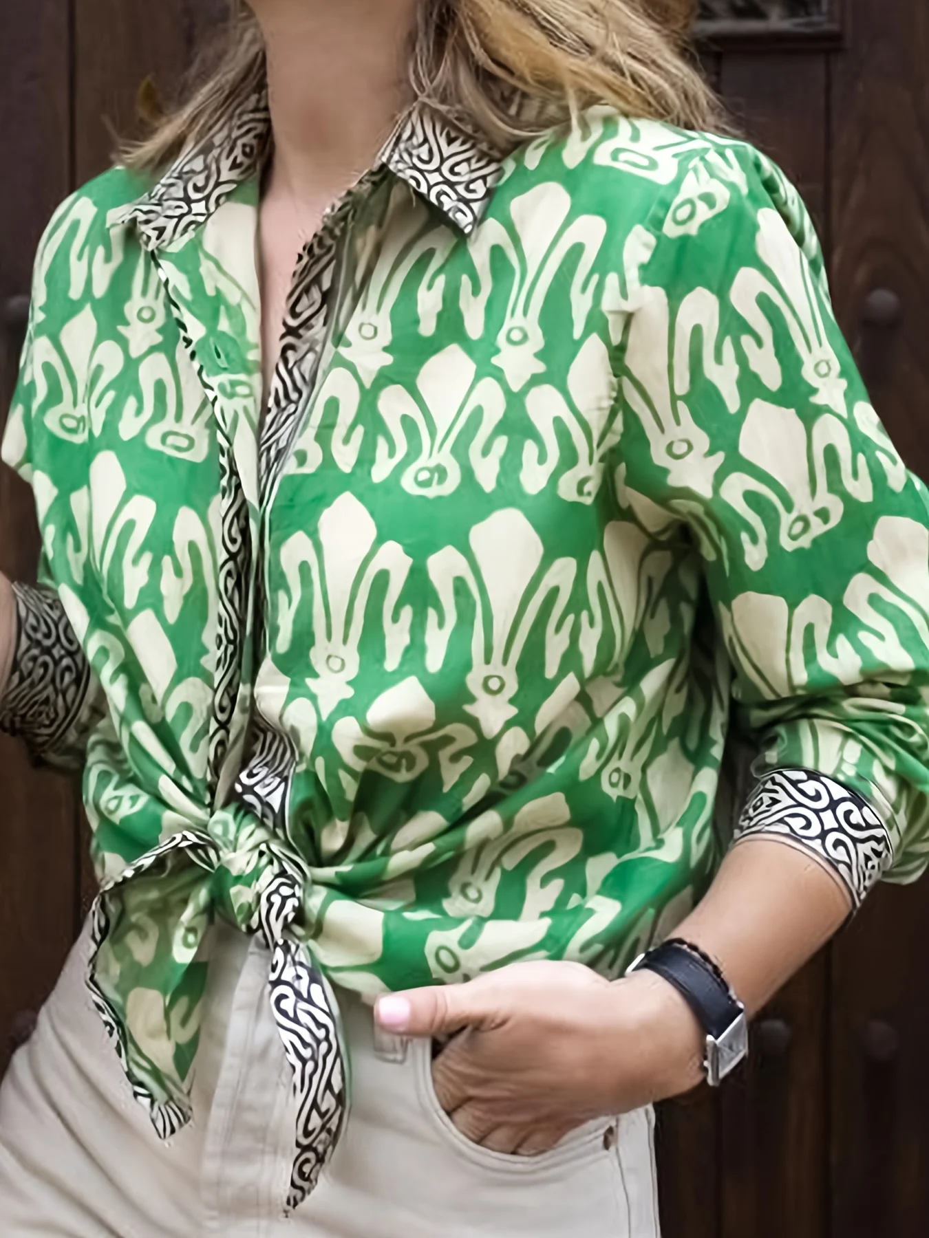 Camicia da donna con stampa floreale tropicale taglie forti Colletto con risvolto in colore a contrasto Camicetta da ufficio alla moda versatile