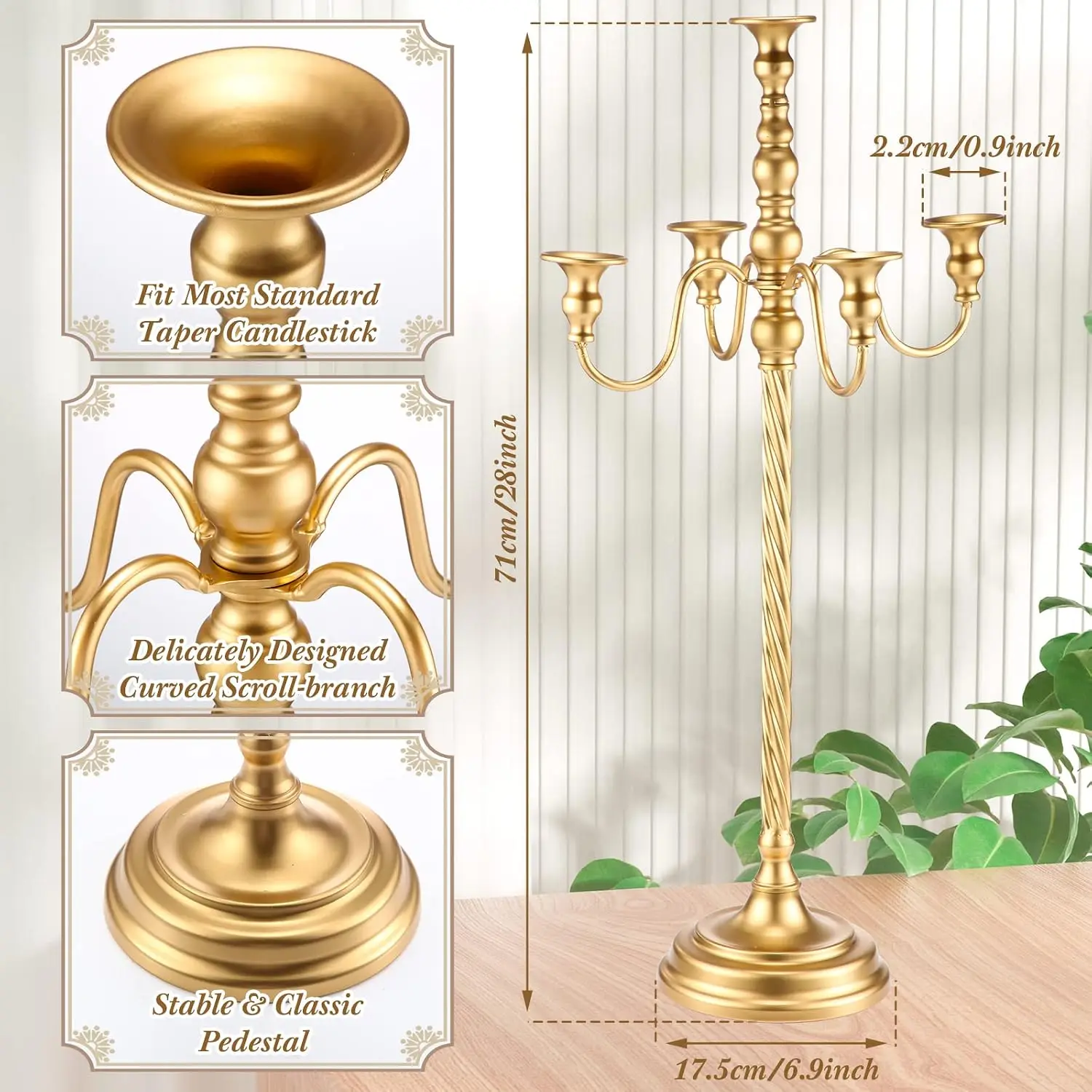 6 Pack Gold Candelabra Table Centerpieces 28 in 5 Arm Candle Holder Tall Metal Candelabras for Wedding, Taper Candlestick Holder