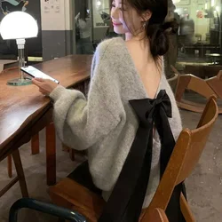 Bow Sexy Backless Women Sweater Knitted Reversible Gray Loose Lazy Chic Pullover Simple Harajuku Sweet Student Jumpers