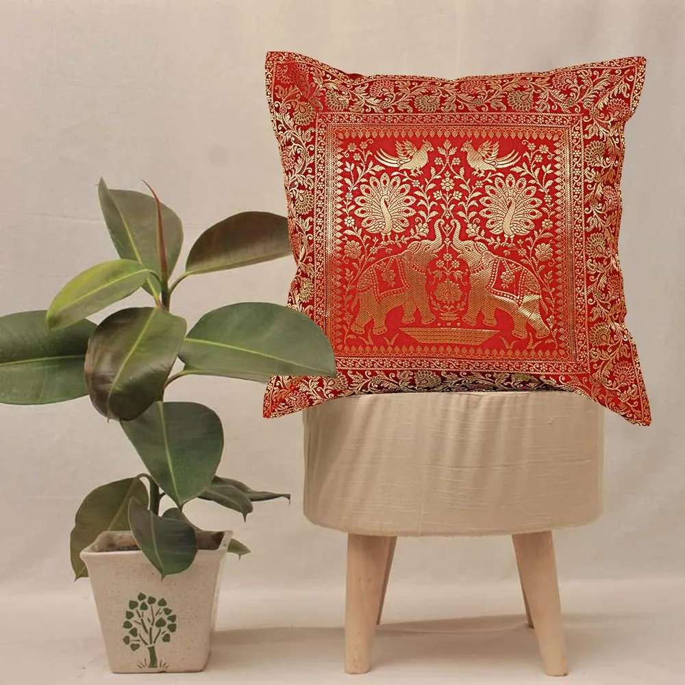 Elegante juego de 10 fundas de cojines de seda Banarsi hechas a mano de 16 x 16 pulgadas con estampado de elefante para decoración bohemia