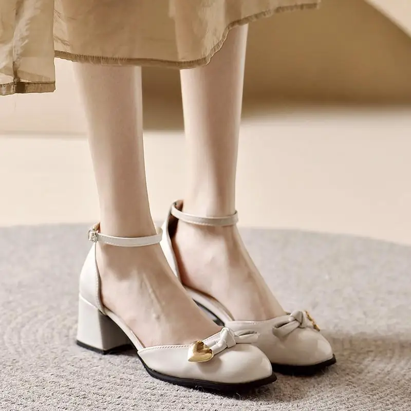 Mary Jane Shallow Mouth Round Toe Buckle Block Heels Spring Shoes 2024 Sandals Chunky New Fashion Girls Strap Closed Autumn Scan