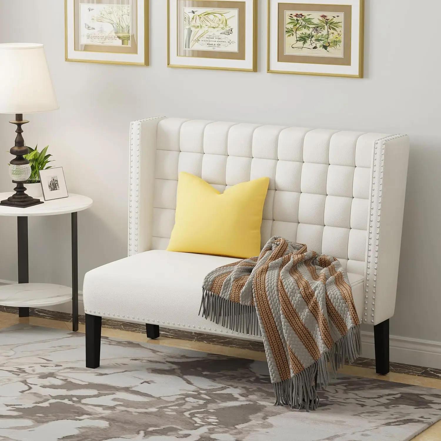 Modern Loveseat Bench, Faux Leather Upholstery, White, Entryway & Bedroom Seating, 2-Seater, Customized