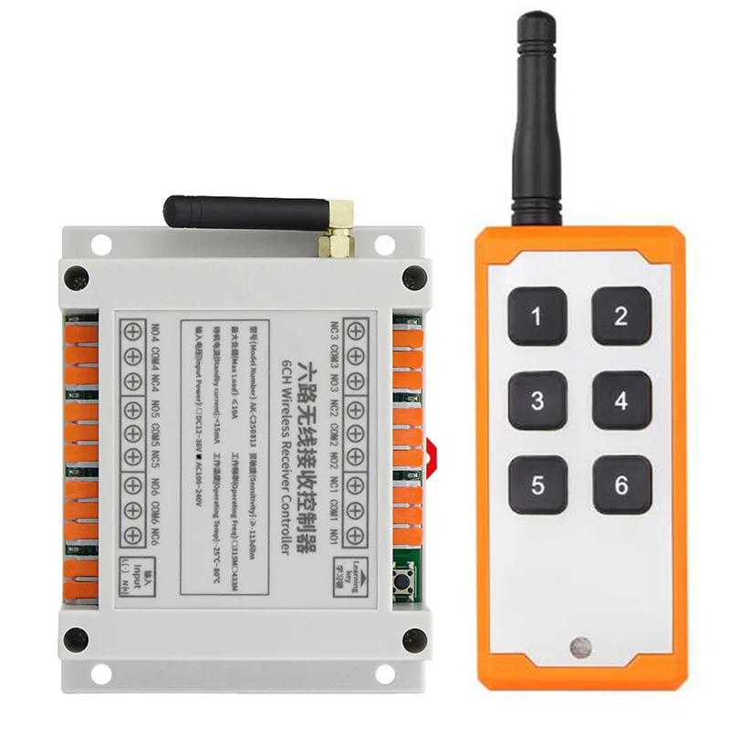 

433 МГц, 1000 м, 12 В постоянного тока, 24 В, 36 В, 6 каналов, RF, беспроводная система дистанционного управления, 6 каналов, 10 А, релейный приемник + 6 кнопок передатчика