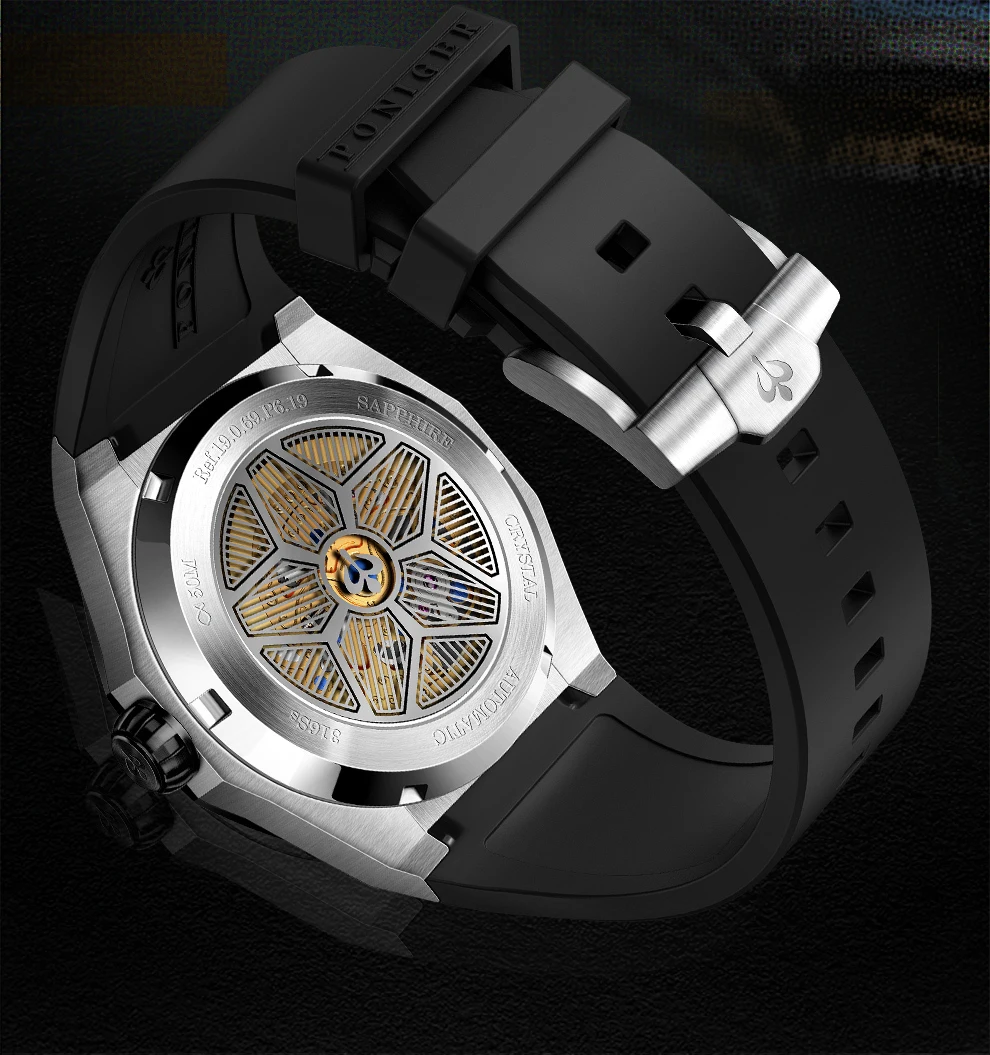 PONIGER Orologio automatico da uomo 42mm Orologio da polso meccanico sportivo Zaffiro luminoso 5ATM Quadrante scheletrato impermeabile Cinturino in caucciù