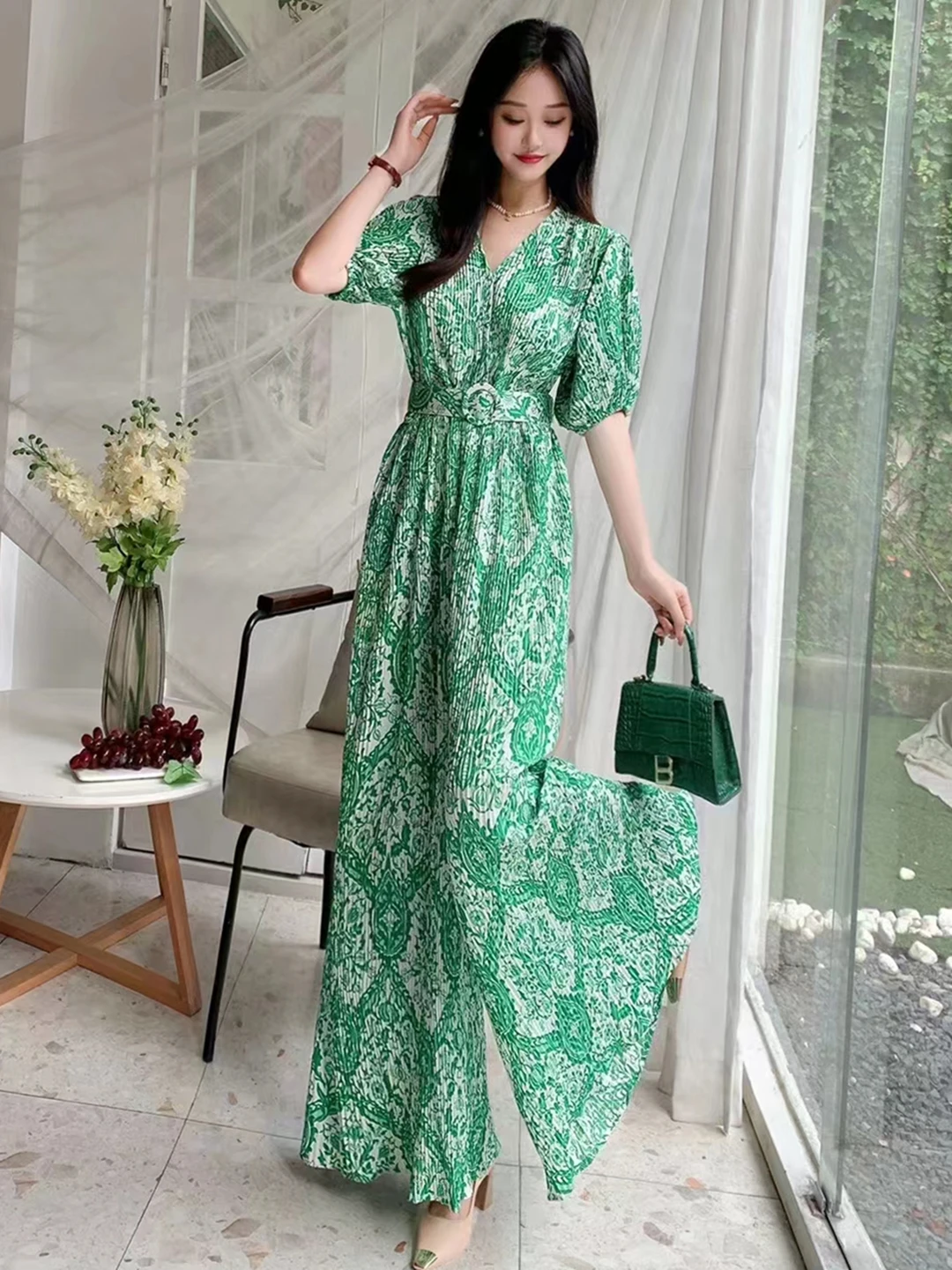 2023 New Summer Women V-Neck Puff Sleeve Belt Slim Jumpsuits High Quality Retro Print Wide Leg Long Pants Pleated Jumpsuits