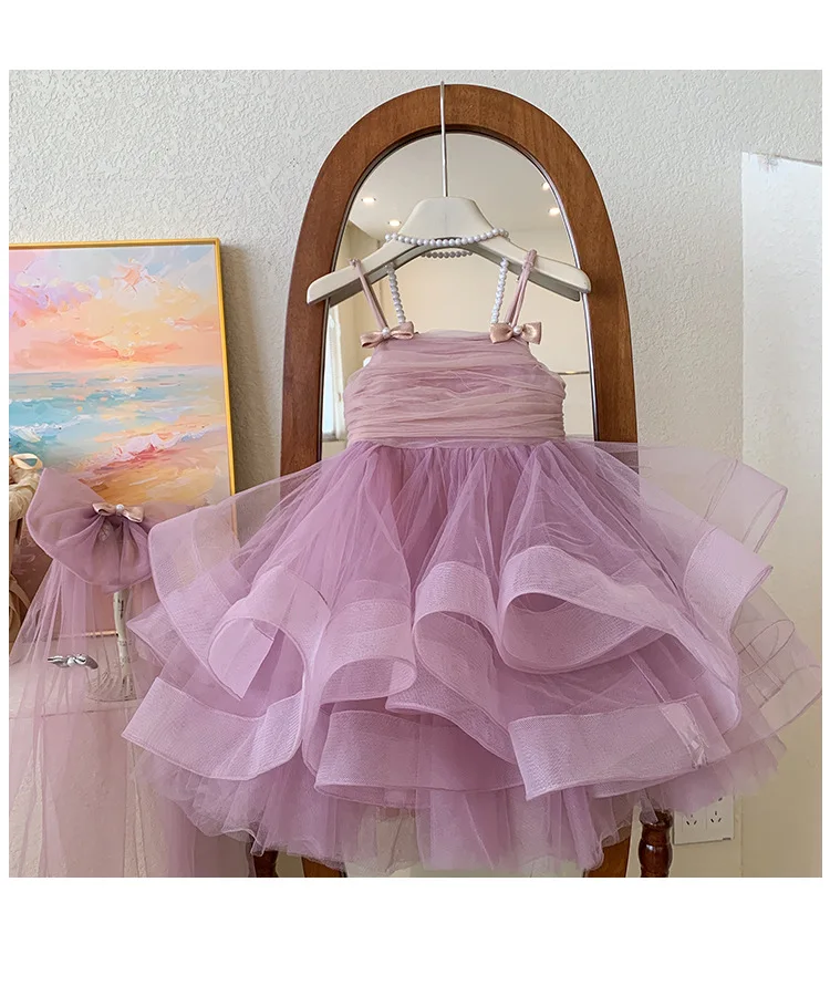 

Фиолетовое платье на бретелях для девочек, нежные банты на бретелях, элегантный верхний лиф с рюшами, пышная многослойная детская юбка из тюля