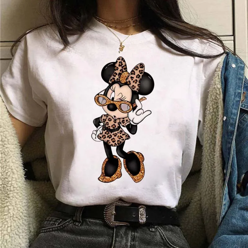 Cute Disney Cartoon Tees Mickey Mouse Leopard Print Minnie Print Women T-Shirt Summer White Short Sleeves Round Neck Mens Tops