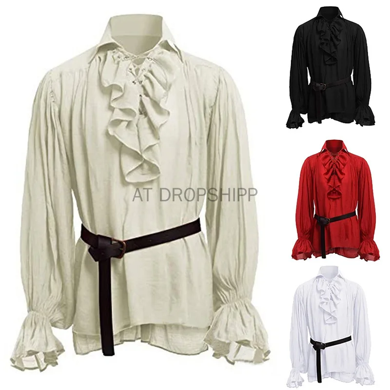 Wholesale Medieval Renaissance Lacing Up Shirt Bandage Tops Ruffles Shirt Fashion Men Vintage Costume Fluffy Long Sleeve Male