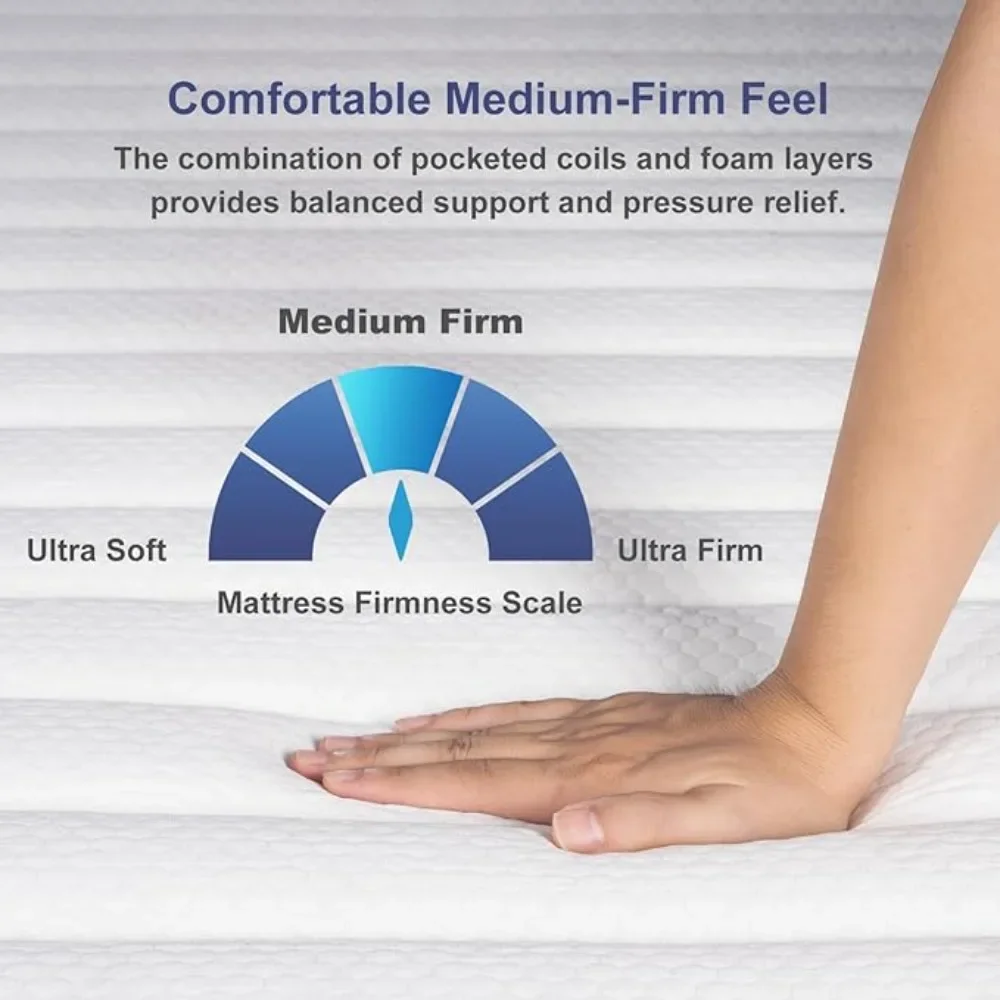 Mattress 12 Inch Hybrid Mattress with Memory Foam & Pocket Springs, Ergonomic Design for Pressure Relief,Medium Firm Feel