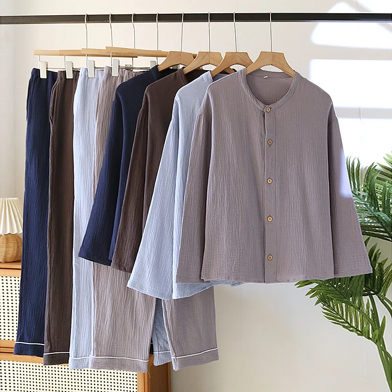 Men's Cotton Double-layer Gauze Pajamas Round Neck Long Sleeved Cardigan Home Trousers Pajamas Set for Spring and Summer