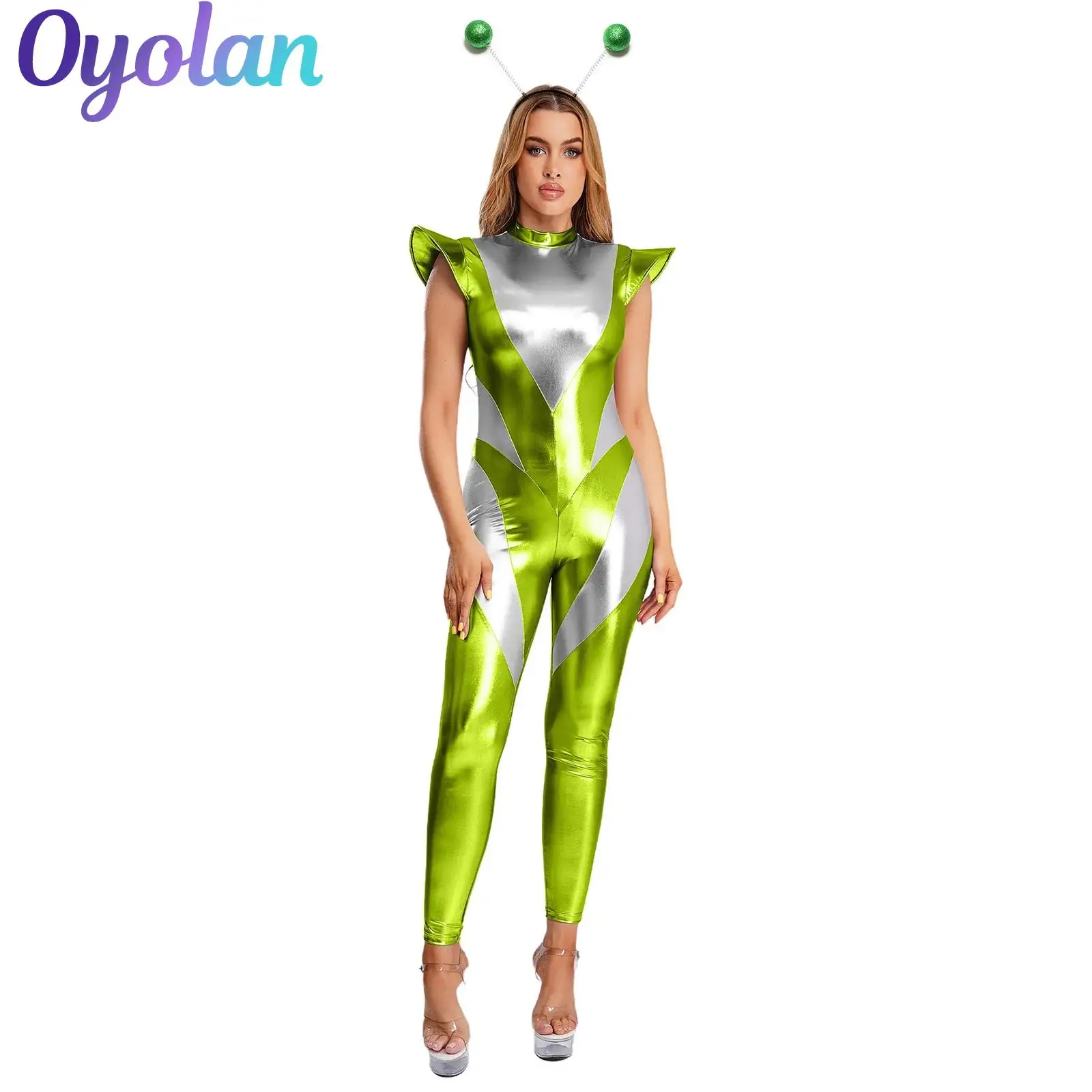 

Womens Alien Astronaut Outer Space Cosplay Costume Unitard with Hair Loop Set Fly Sleeve Leggings Pants Metallic Shiny Jumpsuit