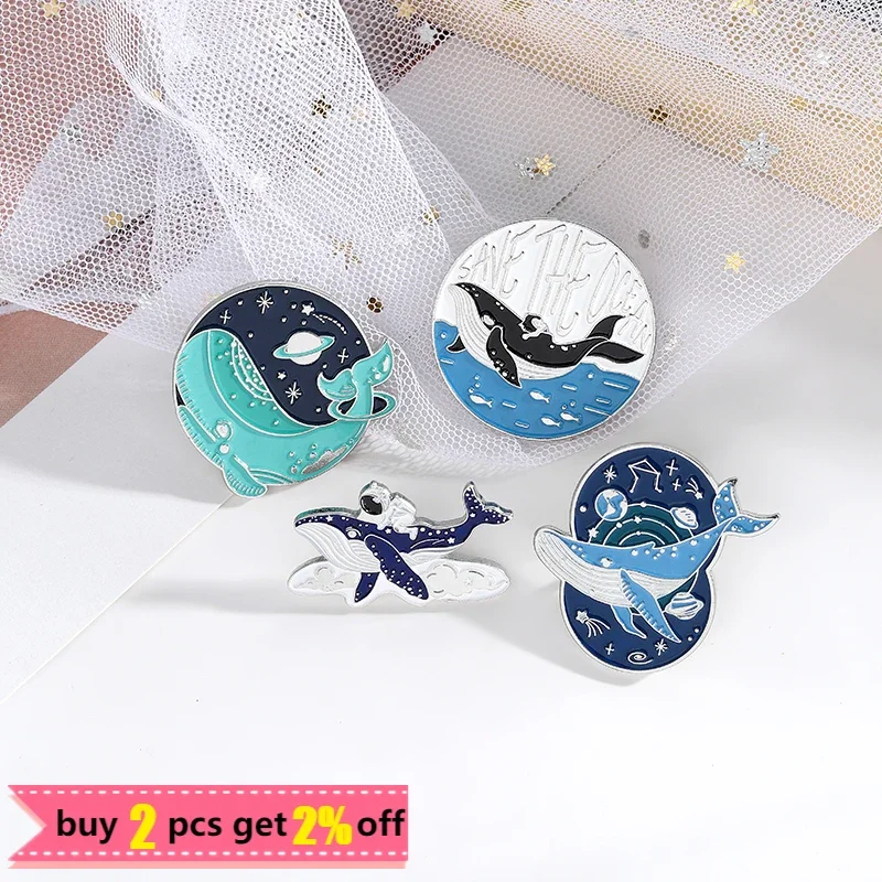 Save The Ocean Enamel Pins Astronaut Whale Adventure In Space Brooch Pin Badge for Bag Lapel Jewelry Gift for Friends Wholesale