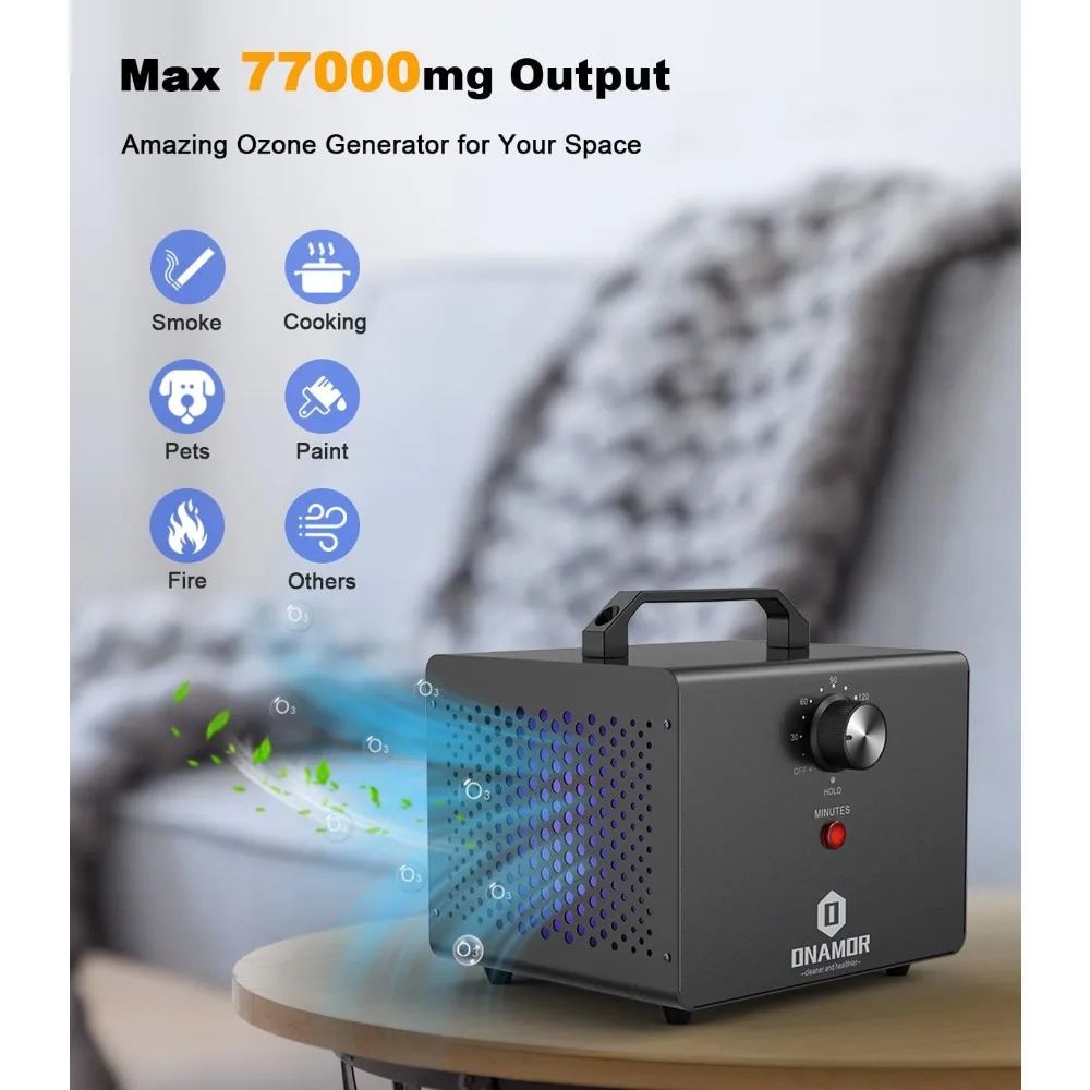 Ozone Generator 77000mg, Deodorizer for Home, Basement, Smoke, and Pet Room (Eliminating 4000 Square Feet, All Metallic Black)